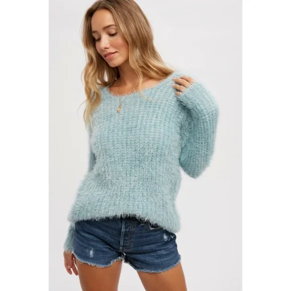 SOLD OUT Dark Mint Fuzzy Boucle Comfy Soft Pullover Knit Relaxed Fit Sweater - Picture 4 of 8